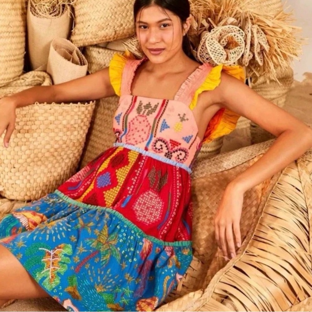 FARM Rio Embroidered Colorblock Flutter Sleeve Mini Dress
